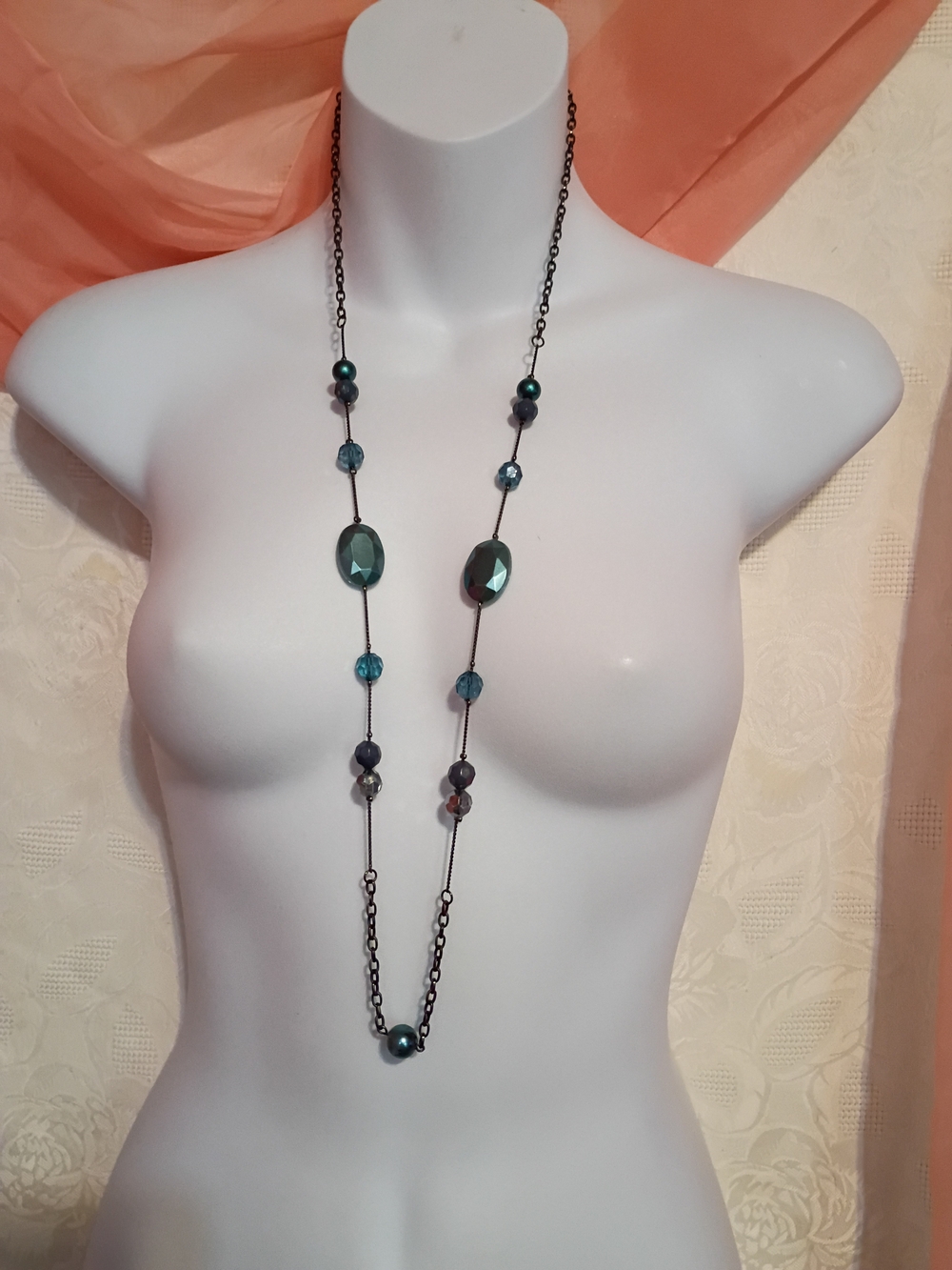 Vintage Teal Faceted Bead Long Necklace - Vintage